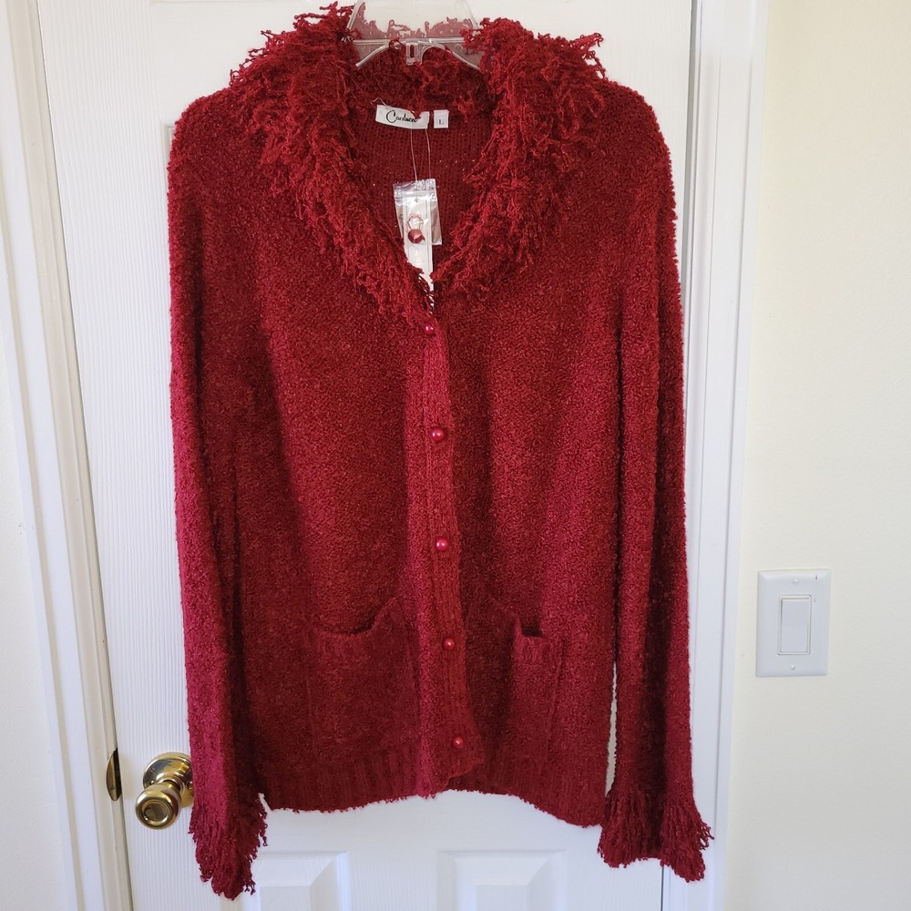 Carducci Sweater L Cardigan Fringe Cuff Collar Red Chunky Longsleeve‎ Button Up